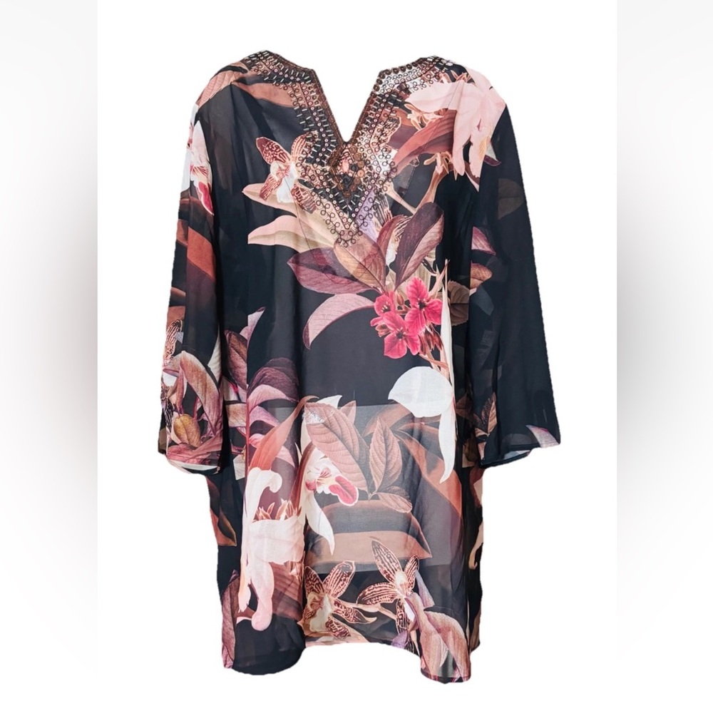Chico's Size 1 Medium Beaded Neckline Brown Floral Semi-Sheer 3/4 Tunic Top